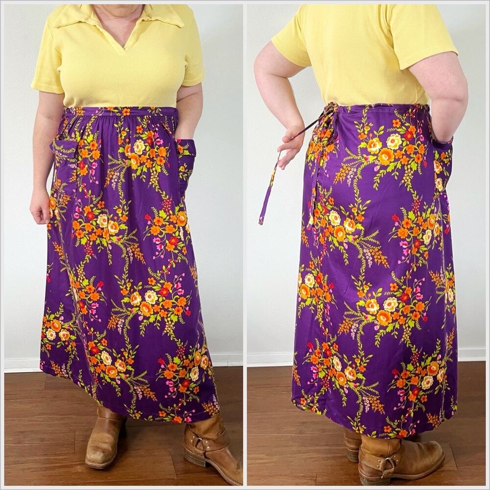Vintage 70s Floral Peasant Skirt Maxi Purple Orange // Plus Size 2X or‎ 3X